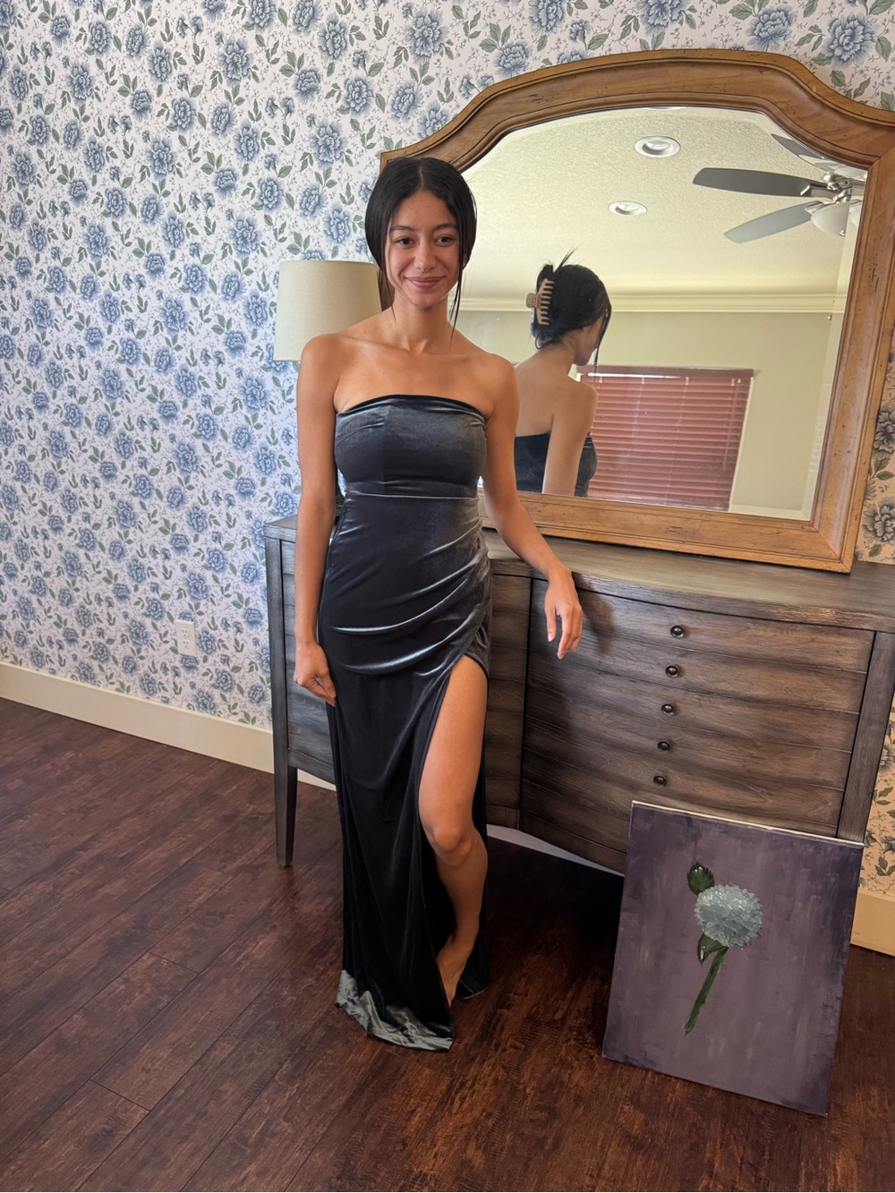 Strapless Black Satin Evening Gown with Thigh Slit